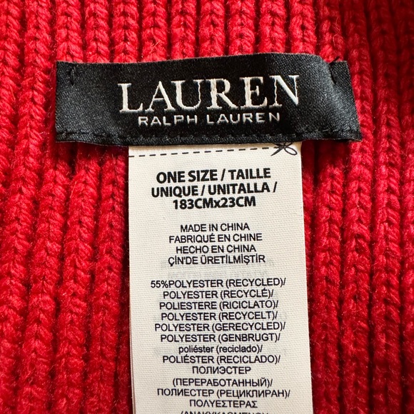 Lauren Ralph Lauren Red Cable Knit Scarf Logo Monogram RL Rhinestone Accent - Picture 3 of 5